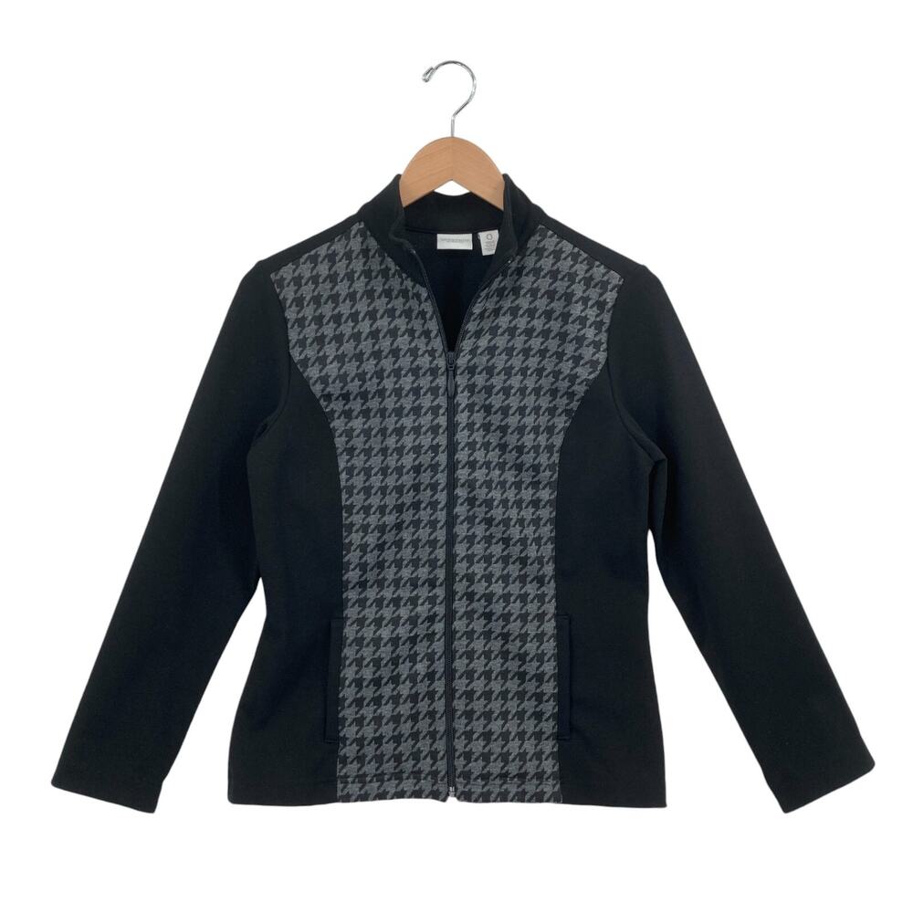 Chico's Weekends Jacket Womens Size 0 Black Houndstooth Long Sleeve Full Zipper